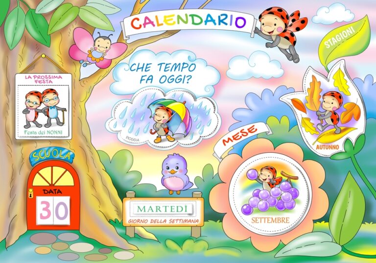 calendario per la classe con mese, tempo atmosferico, festività, data